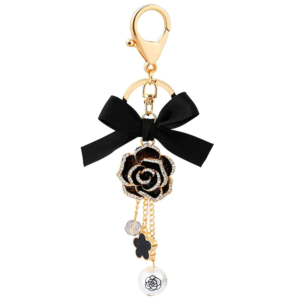 SWJEWEL Flower Tassel Bow-Knot Keychain Pearl Car Keyring Holder Purse Bag Pendant Charm Cute Handbag Key Chain Personalized Keyring Golden for Women Black