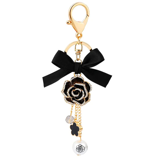 SWJEWEL Flower Tassel Bow-Knot Keychain Pearl Car Keyring Holder Purse Bag Pendant Charm Cute Handbag Key Chain Personalized Keyring Golden for Women Black