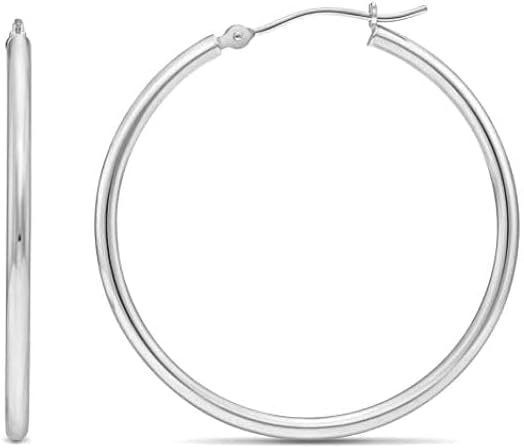 Classic 10K White Gold Hoop Earrings - Shiny Polished Plain Round Gold Hoops for Women and Men