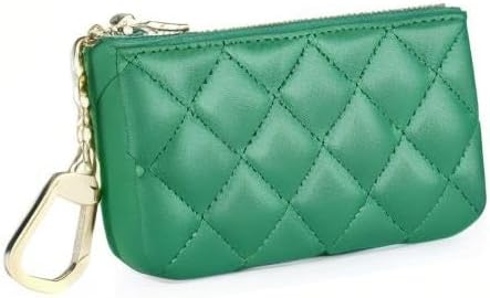 Premium Genuine Full Grain Leather Mini Coin Purse Keychain Pouch Card Holder for Men Women (Green Quilted)