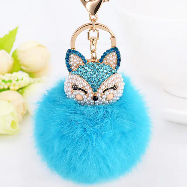 Diamond Fox Head Rabbit Fur Ball Keychain Ornament