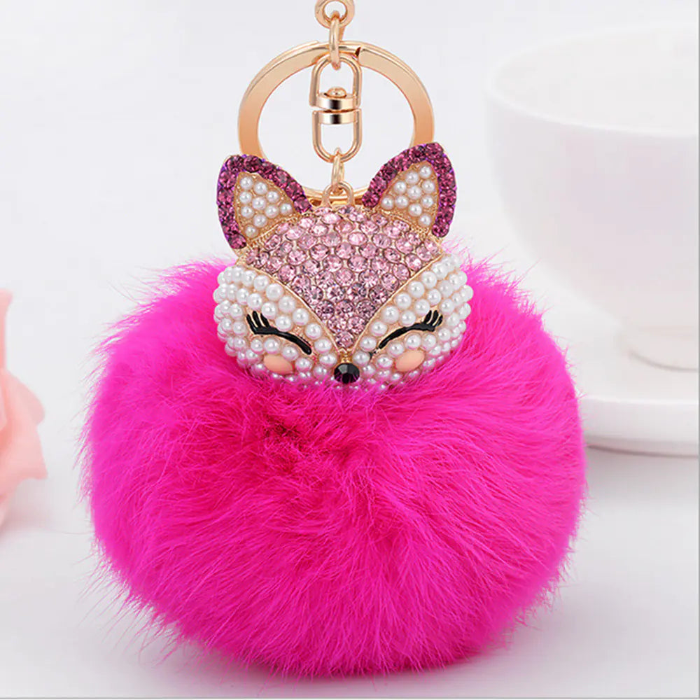 Diamond Fox Head Rabbit Fur Ball Keychain Ornament