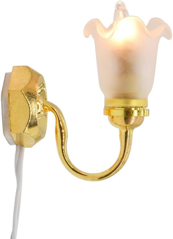 iLAND 1/12 Scale Accessories of Dollhouse Lights, Classic Miniature Lamp for Dollhouse Decoration, Pretty Glass Floral Wall Light w/Plug
