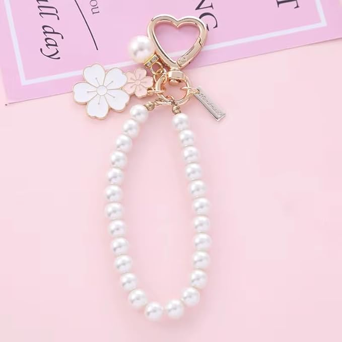 3Pcs Cherry Bag Charm Keychain Set 2025 – Faux Pearl Heart Puffball Pom Pom Purse Accessories Gift for Women Girls