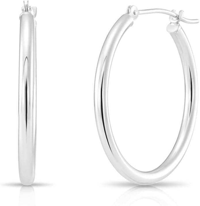 Classic 10K White Gold Hoop Earrings - Shiny Polished Plain Round Gold Hoops for Women and Men