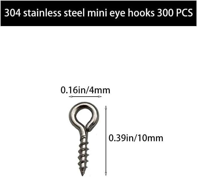 (304) Stainless Steel Small Mini Screw Eyes Pin Hook for Jewelry, Cork Bottles,Resin, Bead,300 Pack 0.39x0.16inch Tiny Hook Screws Ring