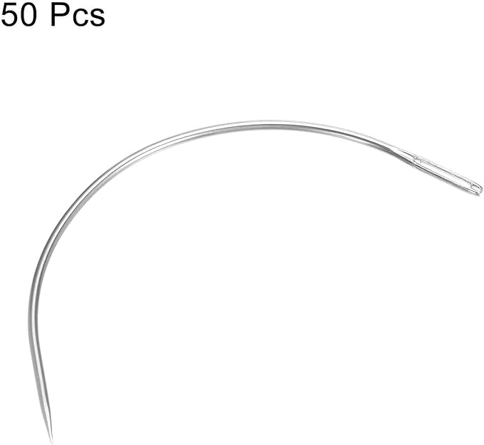 HARFINGTON 50Pcs Curved Needles 3" C Type Weaving Sewing Needles Wig Making Upholstery Big Eye for Carpet Leather Canvas Repairing Blocking Knitting