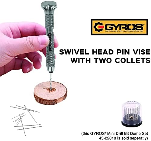 GYROS Swivel Head Pin Vise Hand Drill, 0"(0mm) to 1/8"(3.175mm) w/Anti-Slip Nickel Plated Steel Body & 2 Reversible Collets, Small Hand Drill for Precision Drilling of Jewelry, Plastic, & Wood