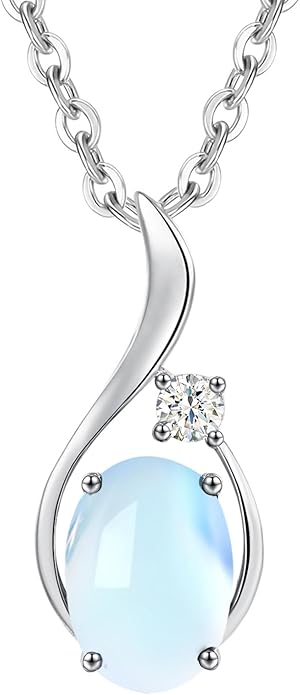 FANCIME 14K Solid White Gold Oval Gemstone Necklace with Diamond Pendant Gifts for Mom Women,16"+2" Inches