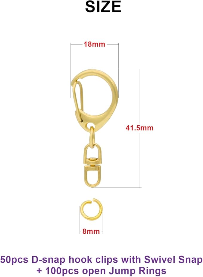 50 Sets Lobster Claw Clasps Keychain Clip D-snap Hook Clips with Swivel Snap and Open Jump Rings Golden for DIY Making Trinket Crafts Diameter 0.7inch (18mm)