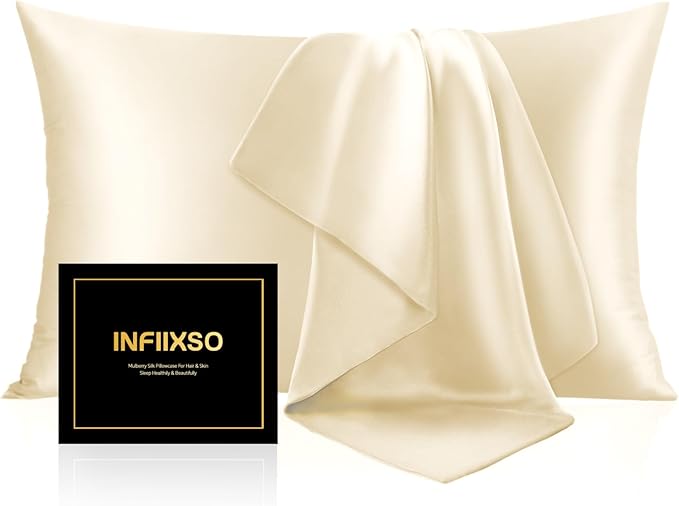 INFIIXSO Silk Pillow Cases 2 Pack Standard Size, Ultra Smooth & Soft Mulberry Silk Pillow Case for Hair and Skin, Breathable Cooling Silk Pillowcase with Hidden Zipper (Ivory, 20x26 Inches)