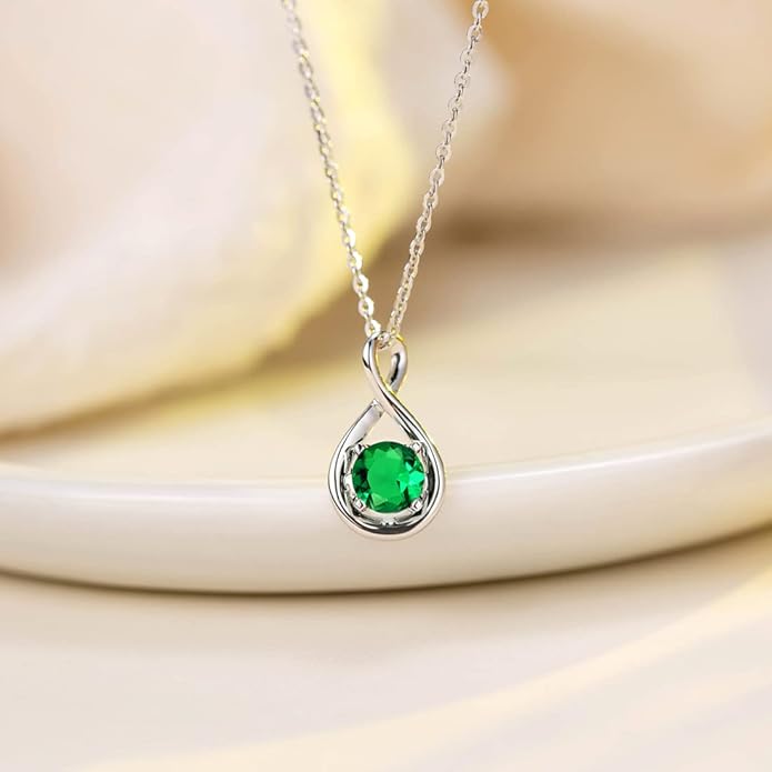 FANCIME 14K Solid Gold Birthstone Pendant with Sterling Silver Chain Infinity Gemstone Necklace Fine Jewelry Anniversary Birthday Christmas Gifts for Women Wife Her