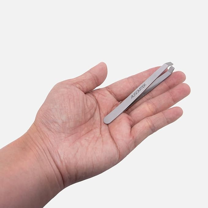 AUSOMTEK Beard Tweezers, White Hair Plucking, Fine Hair Removal, Eyebrows Shaping Tool, 5mm Tip, Stainless Steel, Cyan PU Case 1Pack