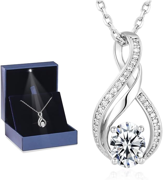 KRZ Moissanite Infinity Women Necklace, 925 Sterling Silver with White Gold Plated Christmas Valentines Mothers Day for Her, Anniversary Birthday Jewelry Gifts for Wife Girlfriend