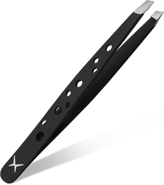 Premium Slant Tip Tweezers – Handmade Japanese Stainless Steel, Ultra-Precise Hair Removal Tool for Brows, Ingrowns & Splinters – Ergonomic 9-Hole Grip, Professional Salon Quality (Matt Black)