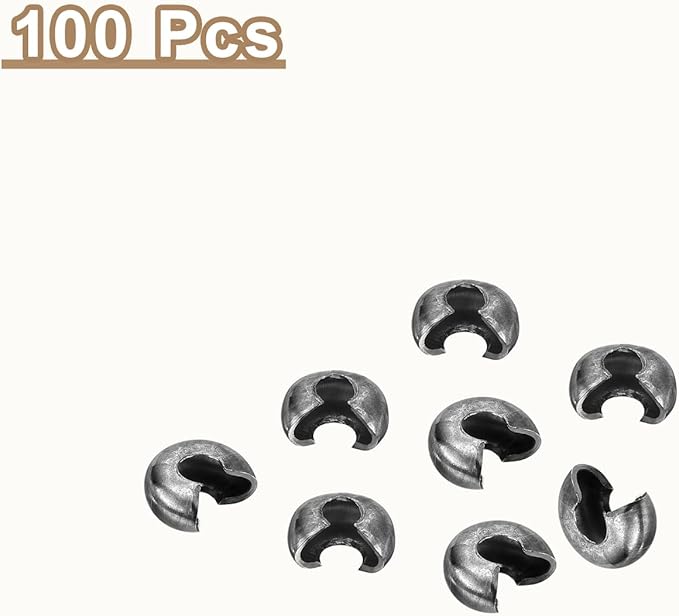 uxcell 100pcs Crimp Bead Covers, 4mm/0.16" Half Round Open Crimp Beads Knot Cover Metal Small Loose Beads End Tip for Bracelet Jewelry Making Craft DIY, Metallic Black