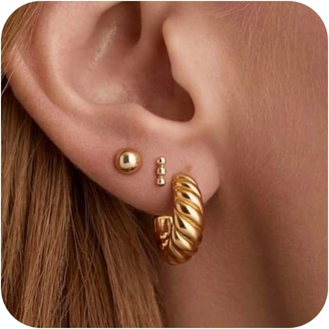 Freekiss 3 Pairs Gold Hoop Earrings Set: Dainty Stud Earrings Trendy Small 14K Gold Plated Hypoallergenic Dangle Cartilage Huggie Hoop Earrings for Women Gold Jewelry for Women Gifts