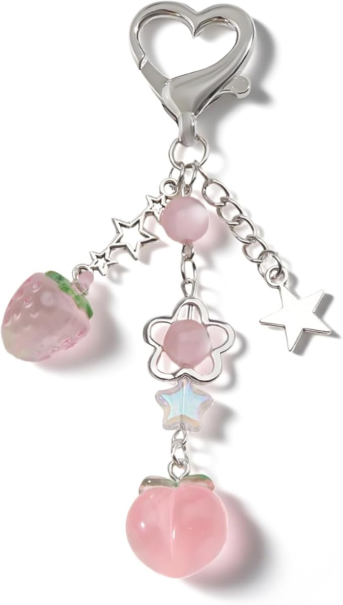 Cute Strawberry Keychain Y2k Keychain Purse Bag Charms for Handbags Aesthetic Peach Star Accessories Gifts for Women