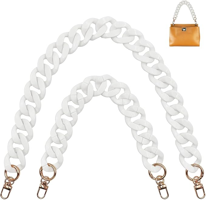 DaKuan 2 Pack White Acrylic Large Flat Bag Chains - 15.7" Handbag Strap & 23.5" Adjustable Shoulder Strap | Detachable Replacement Straps for Tote Bags, Purses, Clutches, DIY Crafts