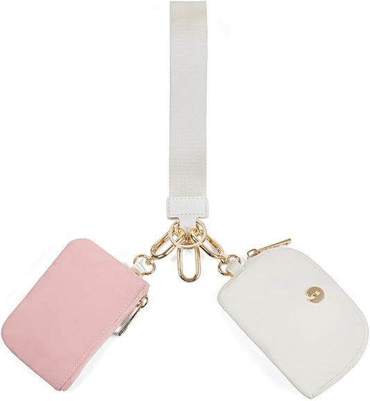 Dual Pouch Wristlet Keychain Wallets for Women with 2 Detachable Zipper Coin Purse - Small and Portable Mini Card Wallet for Women Men Gold Hardware Pink+Ivory