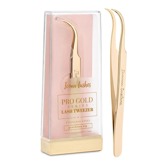 Icona Lashes Hair Removal & Eyelash Tweezer - J-curved Tip for Precise Plucking - Applicator Tool for False Eyelash Clusters & Lash Extensions - 24K Gold Plating, Stainless Steel - Case Included