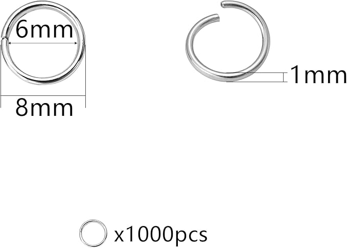 1000 Pcs 8mm Open Jump Rings Rhodium Plated Jump Rings for Jewelry Making Iron Made Single Ring Bulk for DIY Craft Earring Necklace Bracelet Pendant Choker Jewelry Making Finding