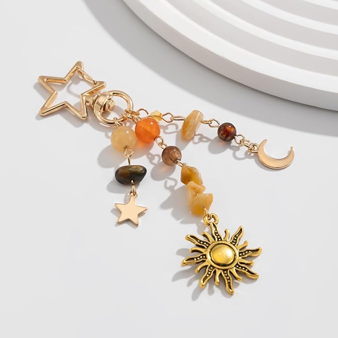 Sun Moon Star Keychain Y2k Aesthetic Boho Hippie Keychain Crystal Beads Bag Purse Charms for Handbags Thanksgiving Fall Gift
