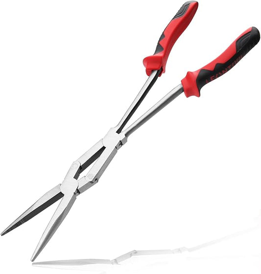 13" Extra Long Needle Nose Pliers, Straight Dual Material Long Reach Pliers with Serrated Jaw, Double-joint Long Nose Pliers Extended Reach Needle Nose Pliers for Hard to Reach Narrow Spaces