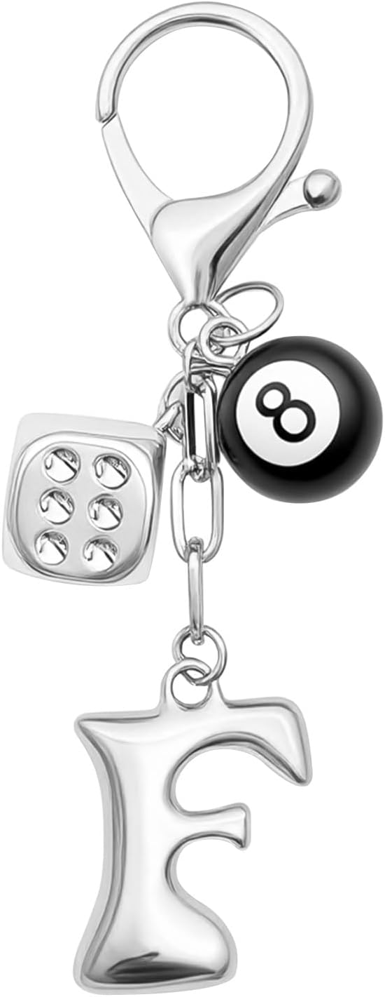 8 Ball Dice Keychain with Silver Bubble Initial - Y2K Aesthetic Cute Bag Purse Charms for Women