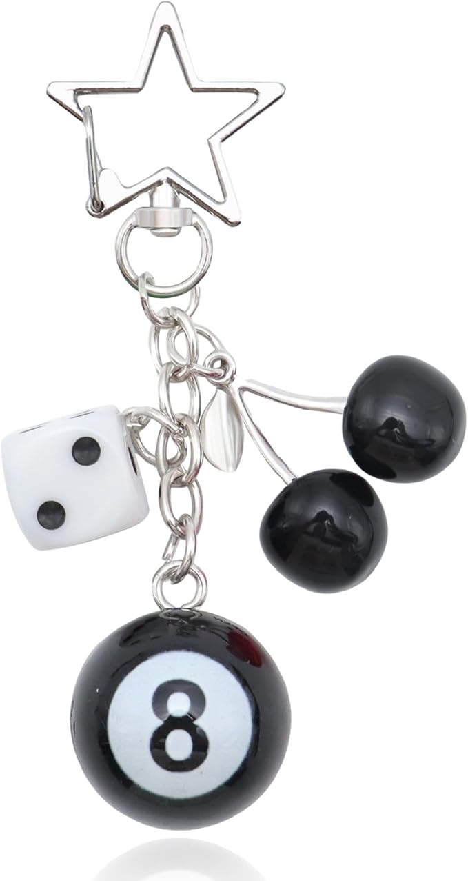 8 Ball Dice Keychain, Y2k Dice Purse Bag Charm with Cherry Star Heart Handbag Accessories for Women Men