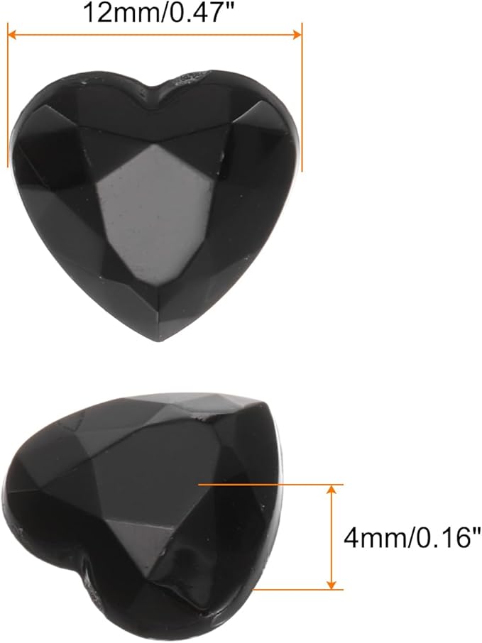MECCANIXITY 40 Pcs Acrylic Heart Rhinestone 12mm Flat Back Plastic Gems Jewelry Stickers for Craft Bead Face Painting Costume Jewelry Making, Black