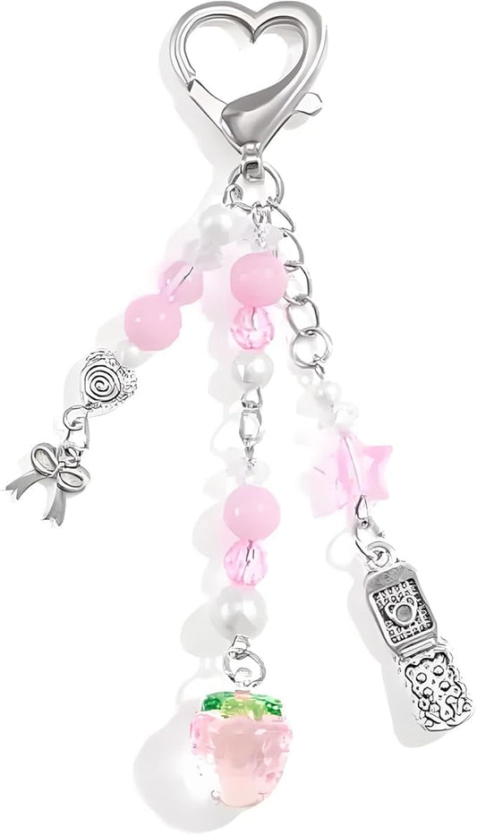 Angyape Cute Pink Strawberry Keychain Y2K Keychain Bow Flower Heart Pendant Bag Charms Kawaii Aesthetic Accessories for Women