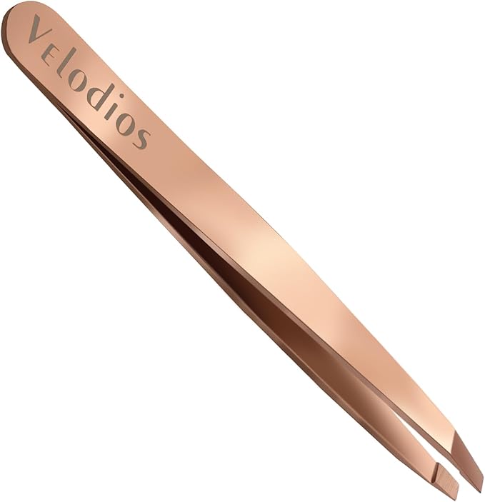 Velodios Precision Stainless Steel Tweezer for Eyebrows, Facial Hair and Fine Hairs Removal, Slant Tip Eyebrows Tweezers with Leather Case (Rose Gold)