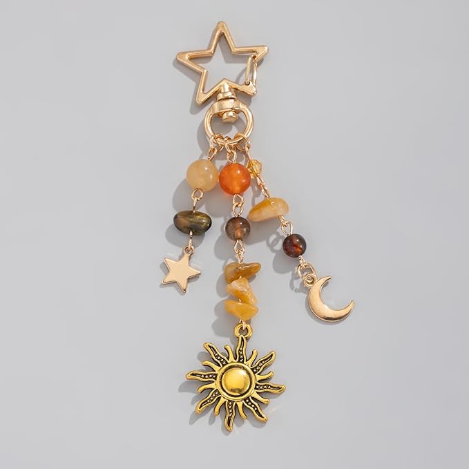 Sun Moon Star Keychain Y2k Aesthetic Boho Hippie Keychain Crystal Beads Bag Purse Charms for Handbags Thanksgiving Fall Gift