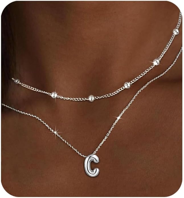 PANSHI Gold Initial Necklaces Gifts for Teen Girls Women Girlfriend Teen Girl Gifts Trendy Stuff Layered Bubble Letter Necklace Gold Jewelry Birthday Gift