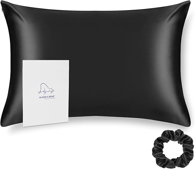 ALASKA BEAR Silk Pillowcase for Hair and Skin Beauty Sleep 100 Real Mulberry Silk Anti-Aging Pillow Slip Case Cover, Queen (1pc, Black)