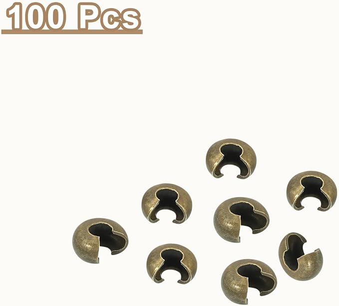uxcell 100pcs Crimp Bead Covers, 3mm/0.12" Half Round Open Crimp Beads Knot Cover Metal Small Loose Beads End Tip for Bracelet Jewelry Making Craft DIY, Bronze