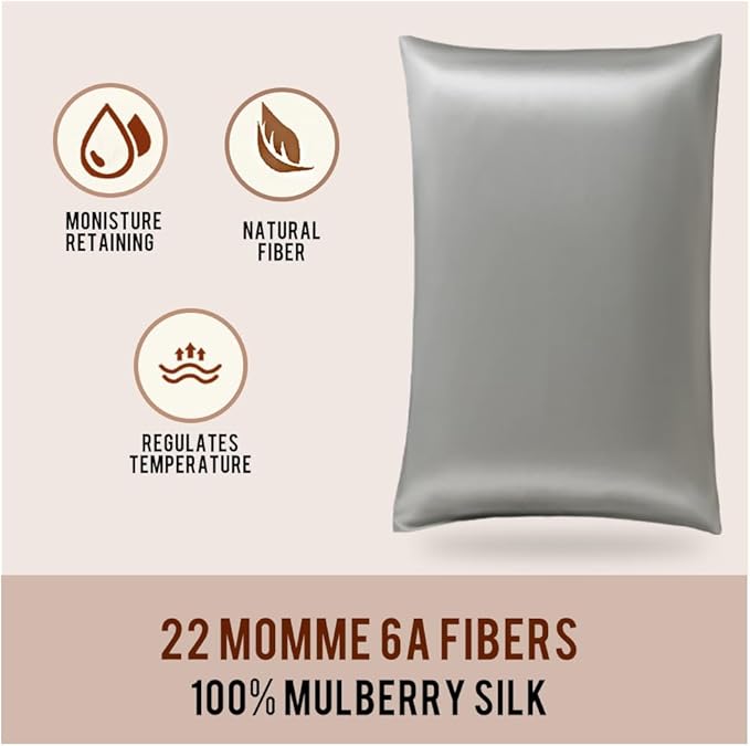 STONECREST Silk Pillowcase, 100% Organic Mulberry Silk, Real 22 Momme 6A Grade, Oeko-Tex Certified, Luxury Pillow Cover for Hair & Skin, with Hidden Zipper(1 Pc Standard 20x26, Grey)