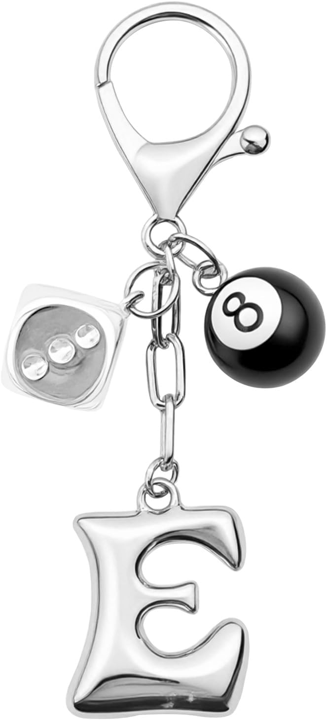 8 Ball Dice Keychain with Silver Bubble Initial - Y2K Aesthetic Cute Bag Purse Charms for Women
