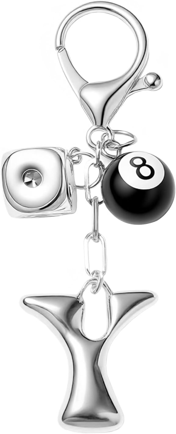 8 Ball Dice Keychain with Silver Bubble Initial - Y2K Aesthetic Cute Bag Purse Charms for Women