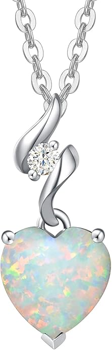 AGVANA Christmas Gifts 14K Solid White Gold Diamond Gemstone Pendant with Sterling Silver Chain 8mm Heart Birthstone Necklace Fine Jewelry Anniversary Birthday Gifts for Women Mom Wife