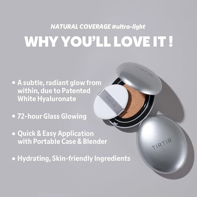 TIRTIR Mask Fit Aura Silver Cushion Foundation | Semi-glow Finish, Natural Coverage, Moisturizing, Lightweight, Korean cushion foundation (#43N Deep Cocoa, Full Size, 0.63 Fl Oz)