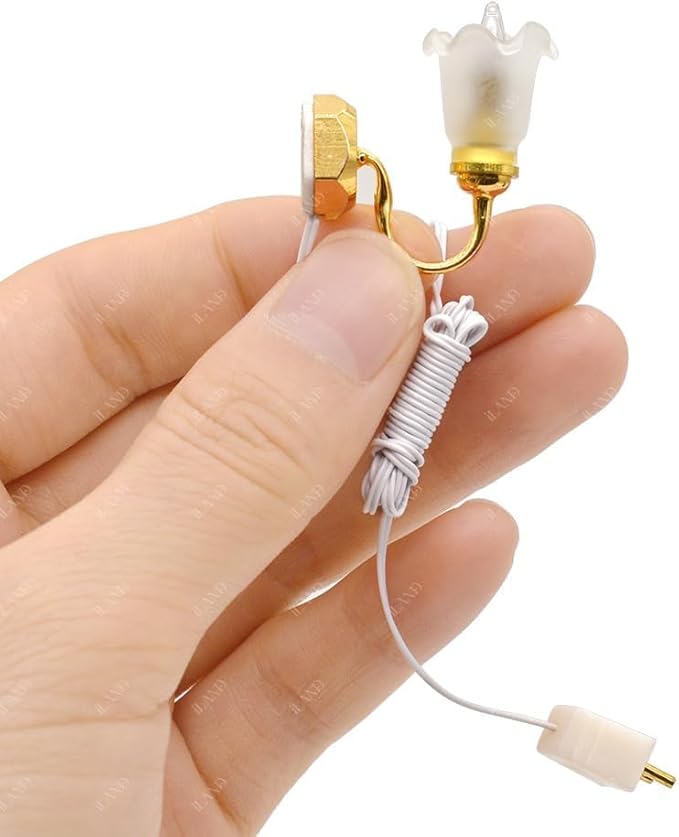 iLAND 1/12 Scale Accessories of Dollhouse Lights, Classic Miniature Lamp for Dollhouse Decoration, Pretty Glass Floral Wall Light w/Plug