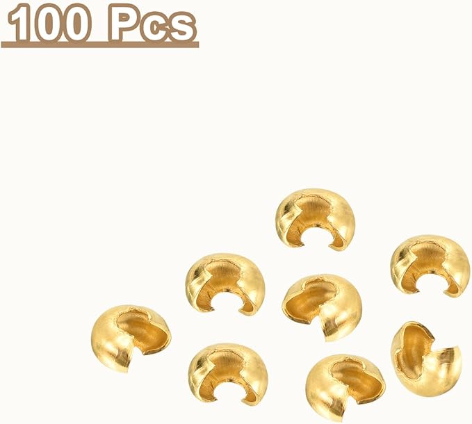 uxcell 100pcs Crimp Bead Covers, 3mm/0.12" Half Round Open Crimp Beads Knot Cover Metal Small Loose Beads End Tip for Bracelet Jewelry Making Craft DIY, Gold