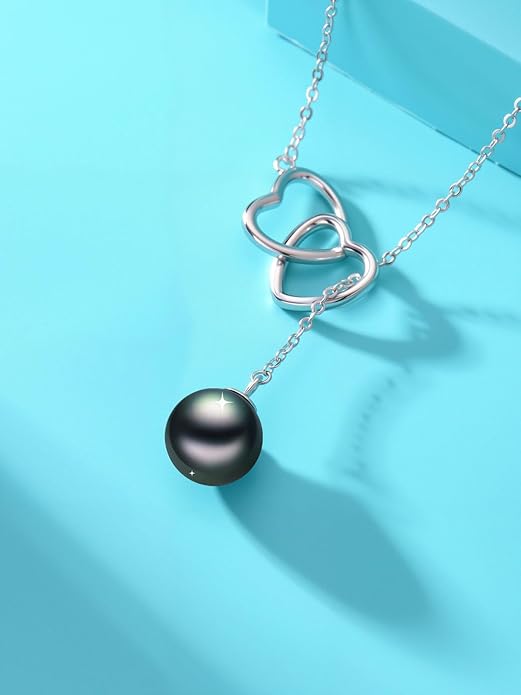KANNSOAR Tahitian Black Pearl AAAA 18K White Gold Plated Sterling Silver Double Heart Pendant Y Necklace for Women Wife Mom Girlfriend Valentine Her Jewelry Gift for Anniversary Birthday