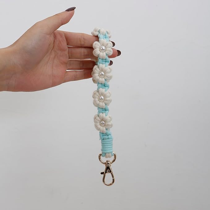 Macrame Keychain Handmade Wristlet Keychain Wrist Lanyard for Keys Cute flower keychain Key Chain for Women