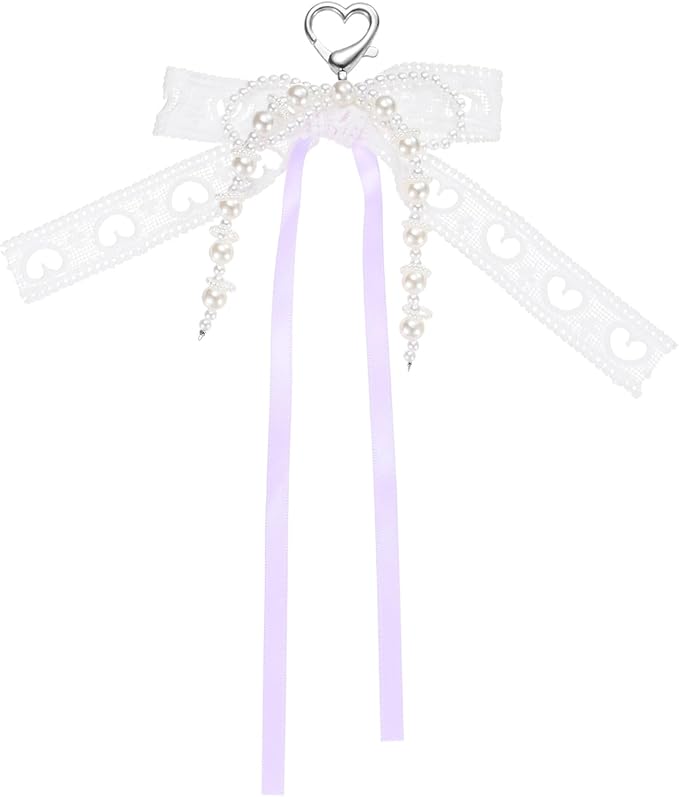 MECCANIXITY Pearl Bow Keychain, Y2k Aesthetic Hollow Heart Bowknot Ribbon Keyring, Cute Bag Charm for Tote Bags Purse Handbag