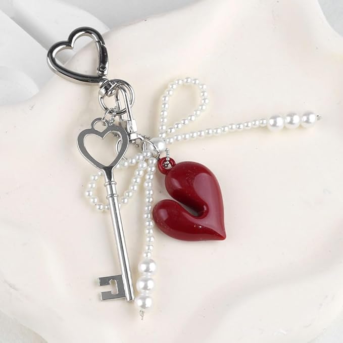 Cute Red Heart Pearl Bow Keychain Accessories, Decorative Pendant for Women's Keychain, Purse, Backpack, Handbags, Gifts