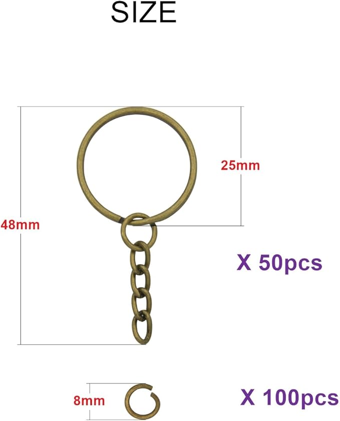 50Sets 1 inch Keychain Rings Bronze Split Round Key Ring with Chain and Open Jump Rings for DIY Keychain Making Crafts
