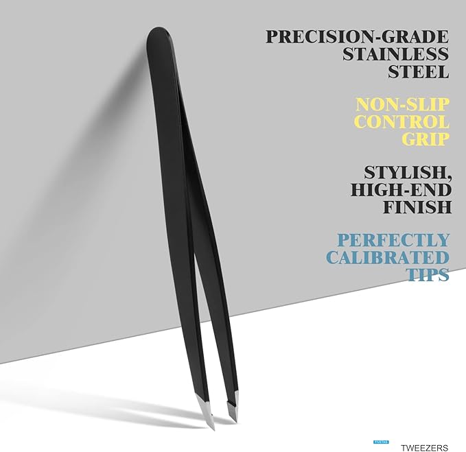 FIVETAS Stainless Steel Tweezers for Eyebrows-Slant Tweezer with Case for Women&Man,Great Precision on Brow,Facial Hair and Ingrown Hair Removal(Black)